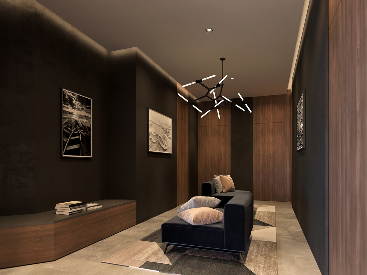 Interior of the Veritas aesthetics clinic in dark bronze and warm wood