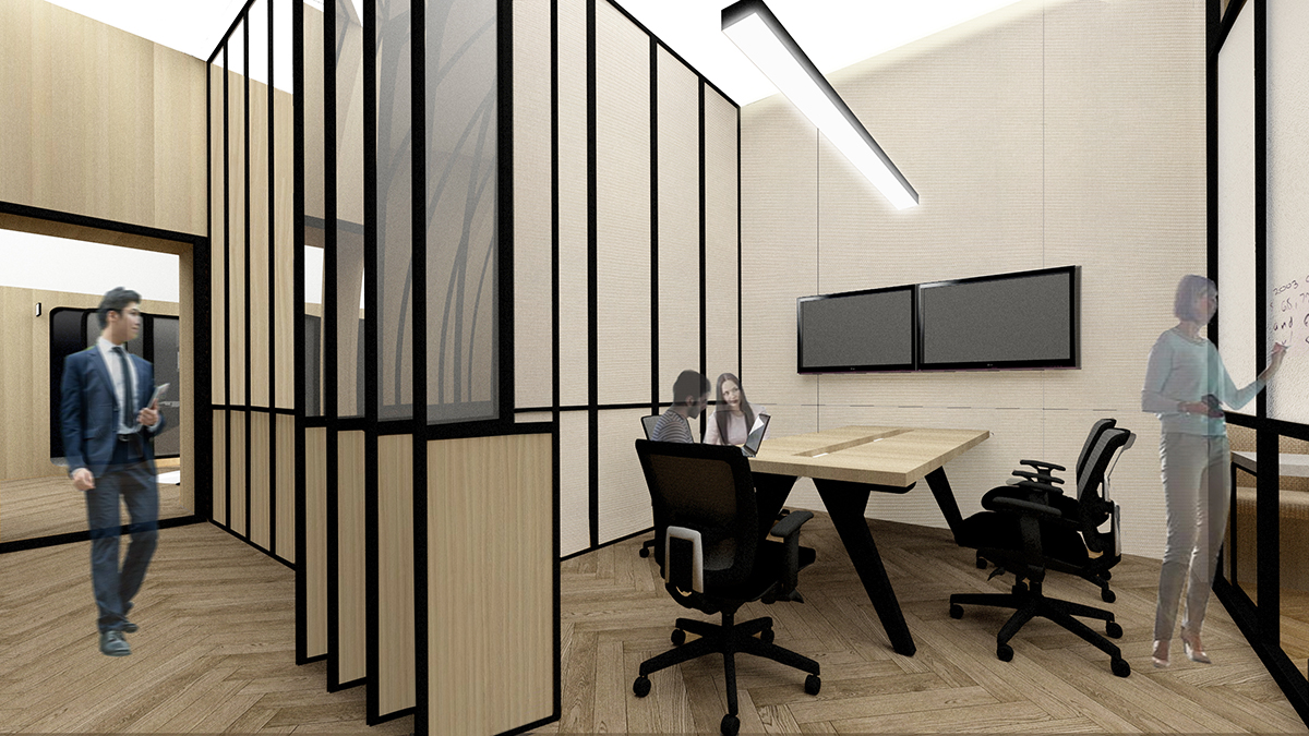 Interior of a two-desk lockable work pod