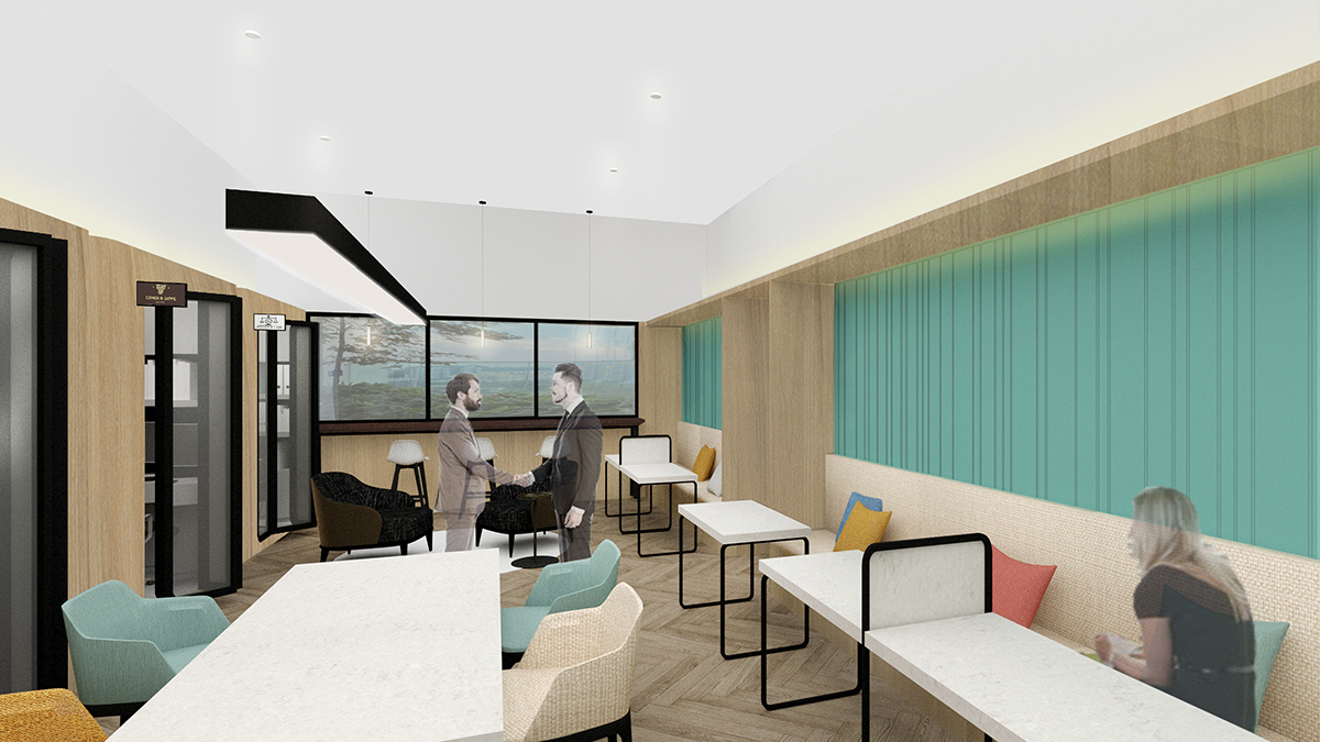 Hot-desking breakout area with privacy panels