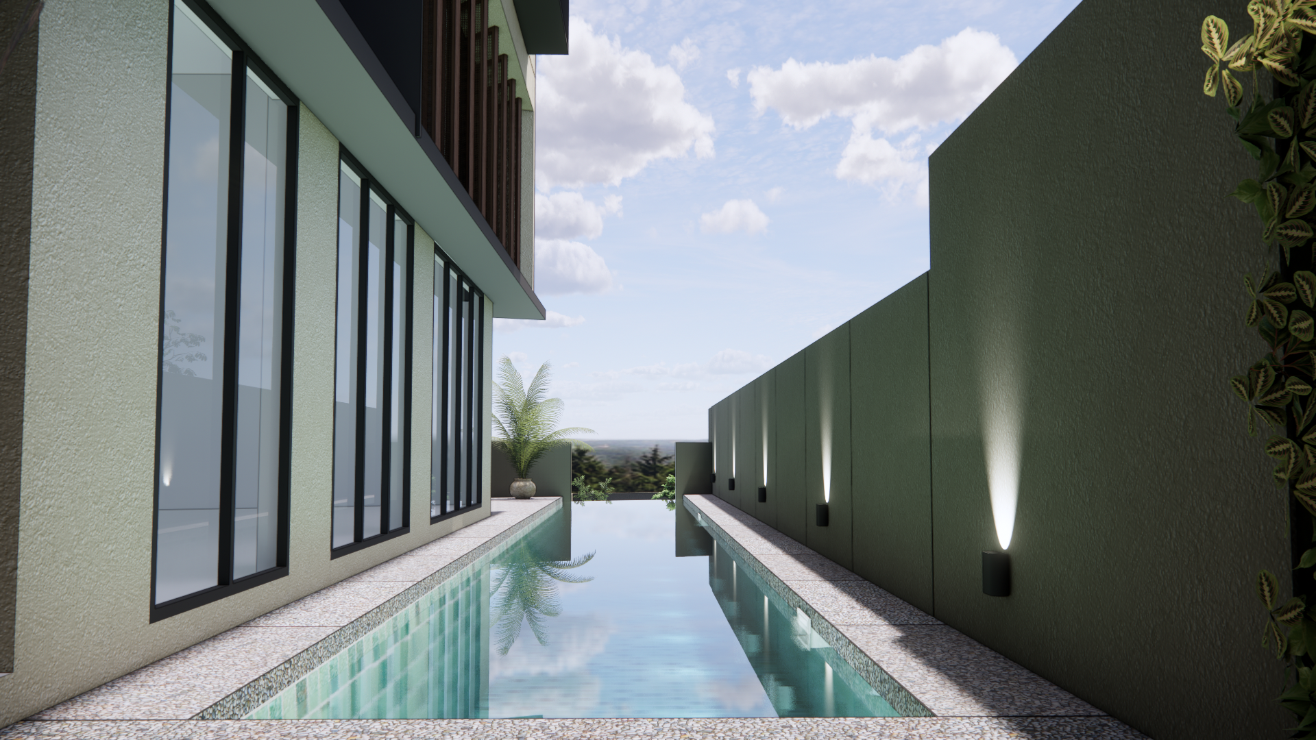 Lap pool running alongside the glazed living wing under an open sky