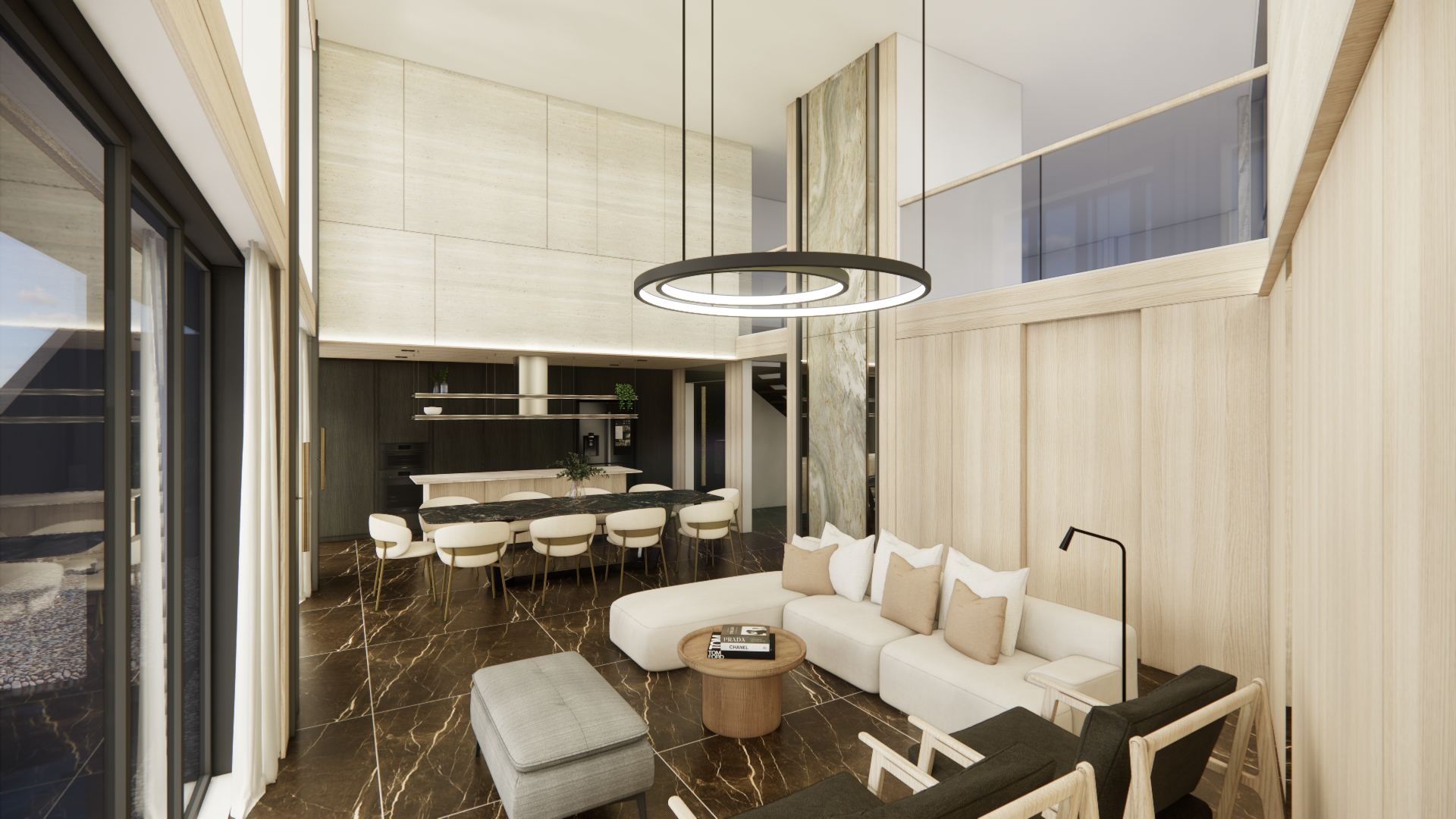 Double-volume living and dining space with marble flooring, a circular pendant and a mezzanine above