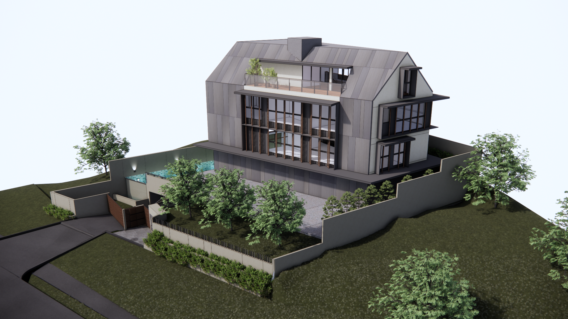 Three-quarter view of the house with sun-shading screens articulating the facade
