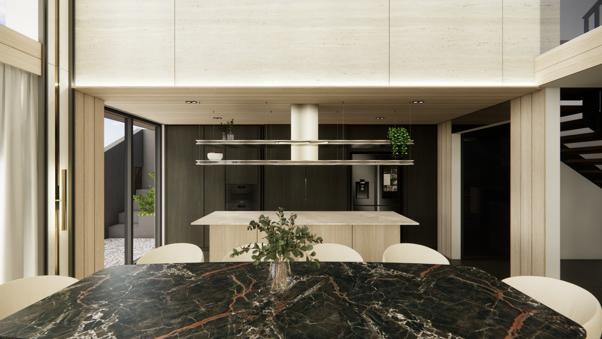 Family area on the mezzanine level with warm neutral finishes