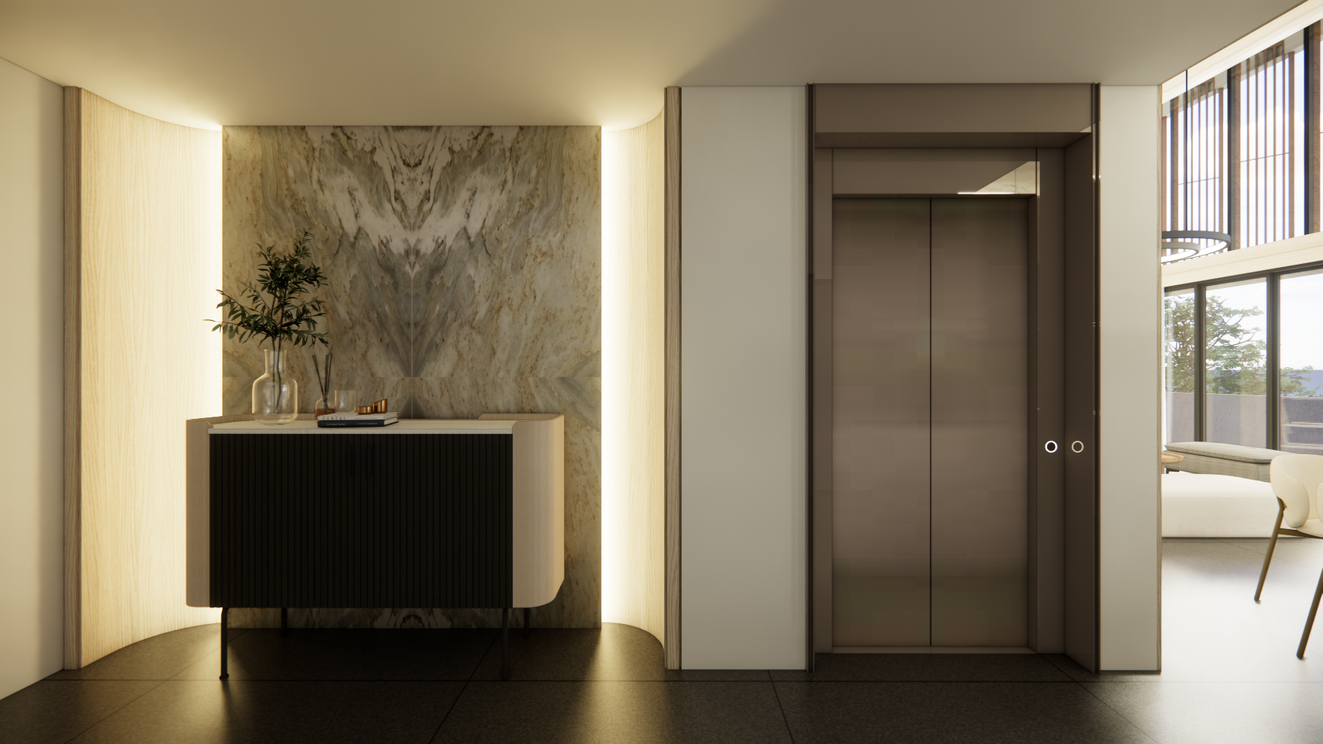 Lift lobby with a book-matched marble feature wall and a fluted dark sideboard