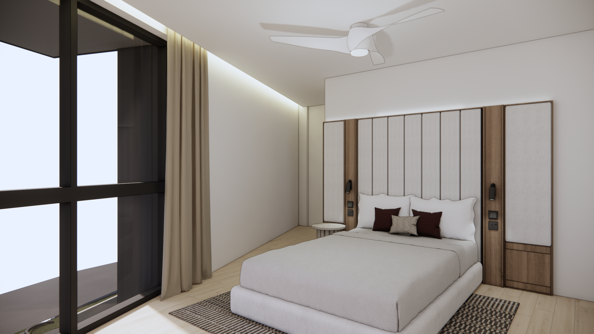 Bedroom with an upholstered fluted headboard, soft lighting and a full-height window