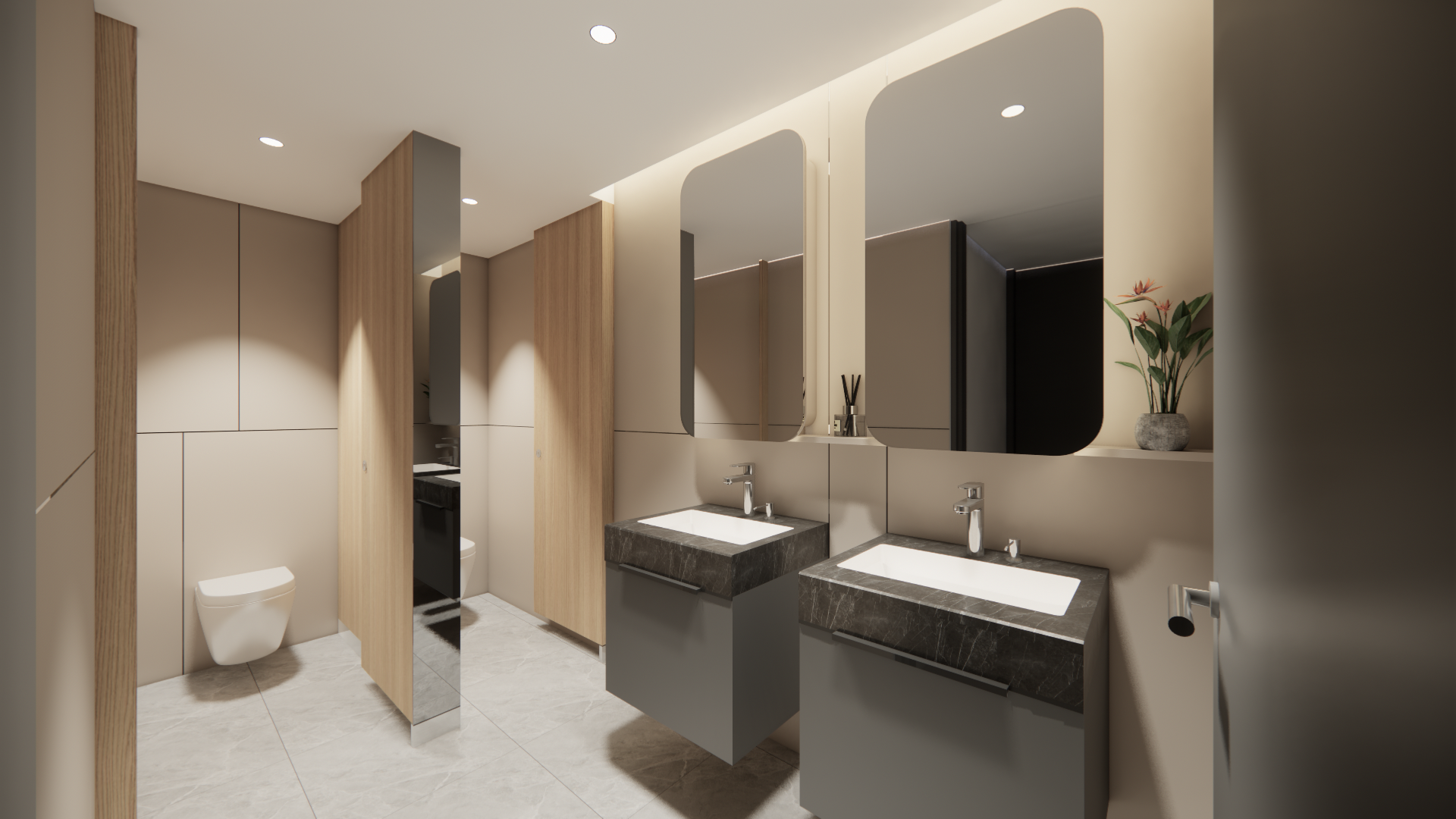 Bathroom with twin stone vanities, tall mirrors and a timber storage wall