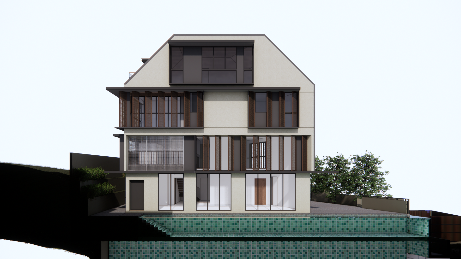 Front view of the layered house rising above its terraced garden walls