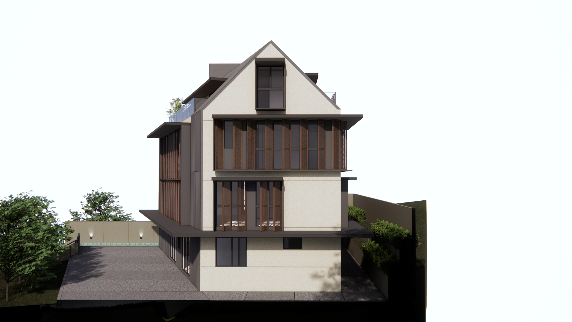 Side elevation of the layered house showing its full stacked height on the sloping site