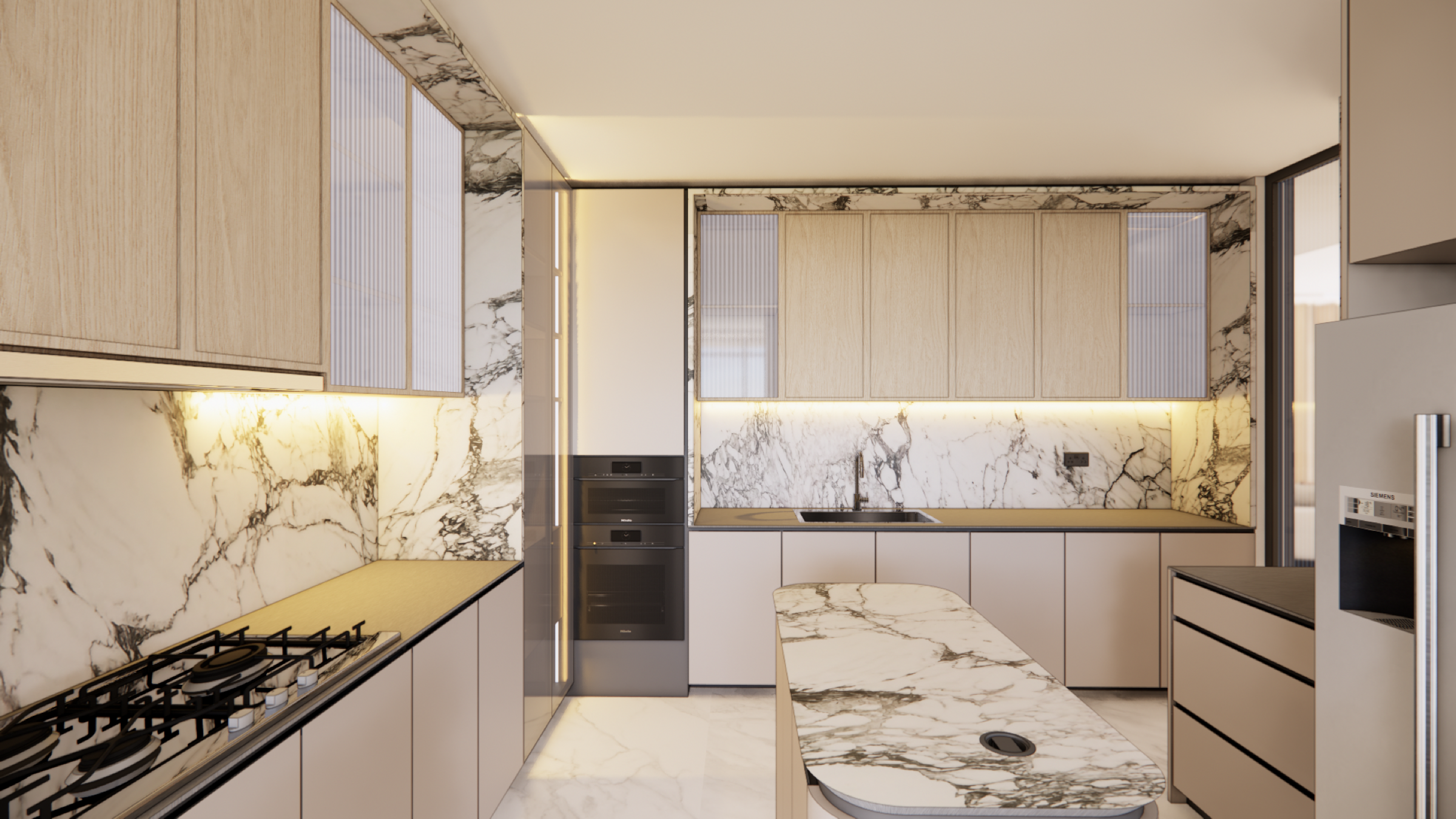Master ensuite with a feature tile wall and marble vanity countertop