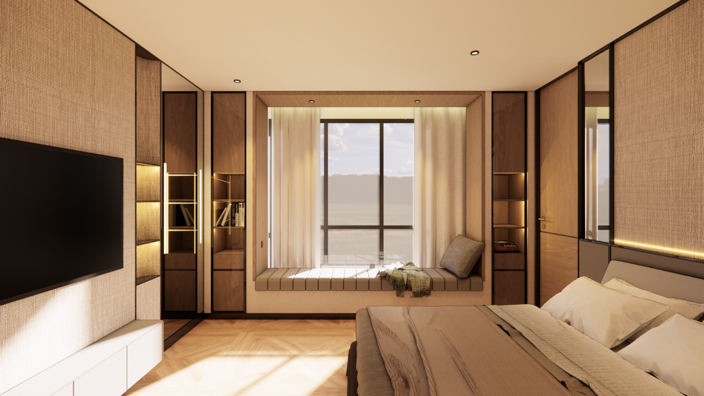 Common bedroom with a veneer-framed feature wall and framed bay window