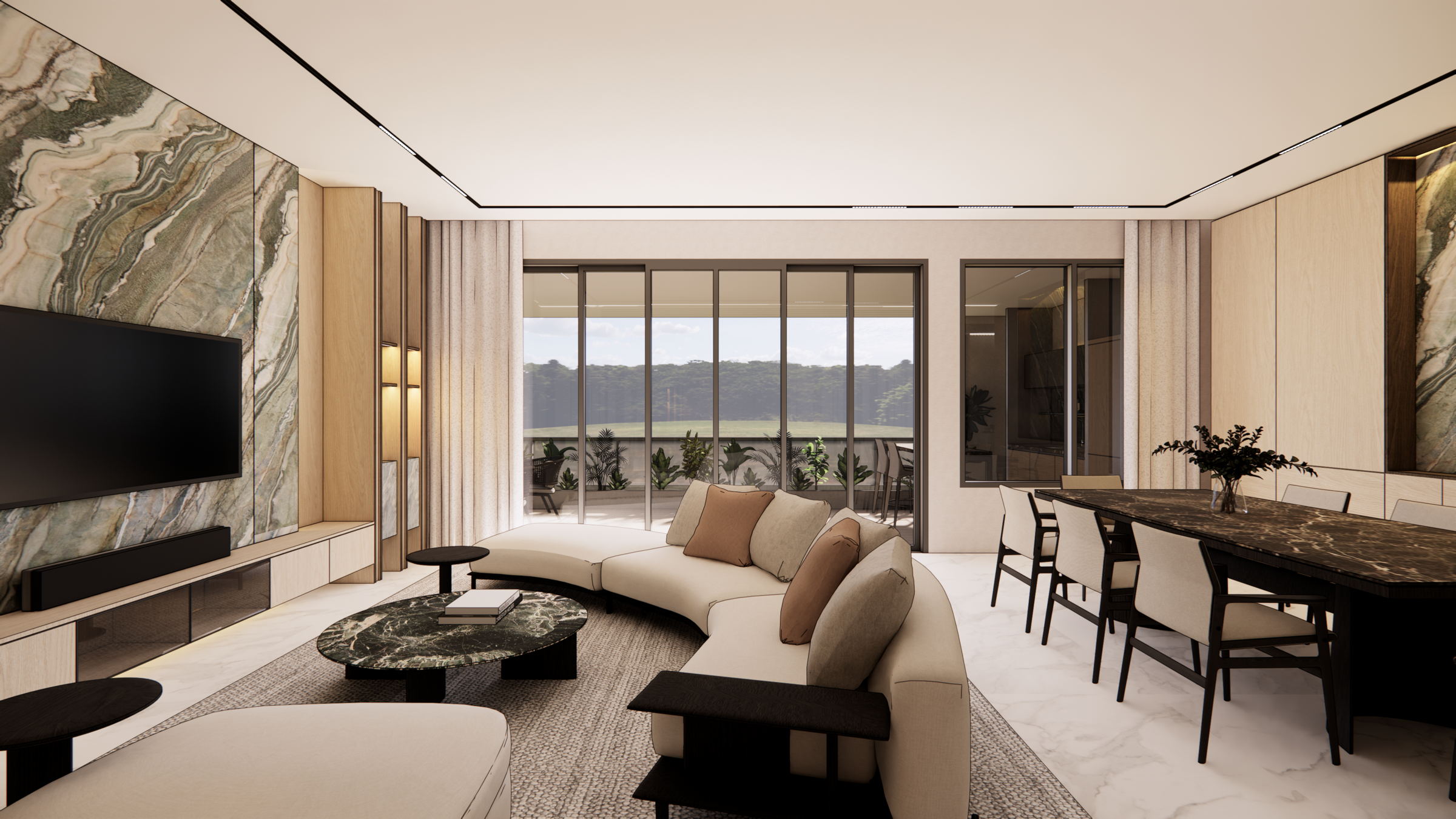 Entrance foyer clad in rich veneer with marble flooring underfoot