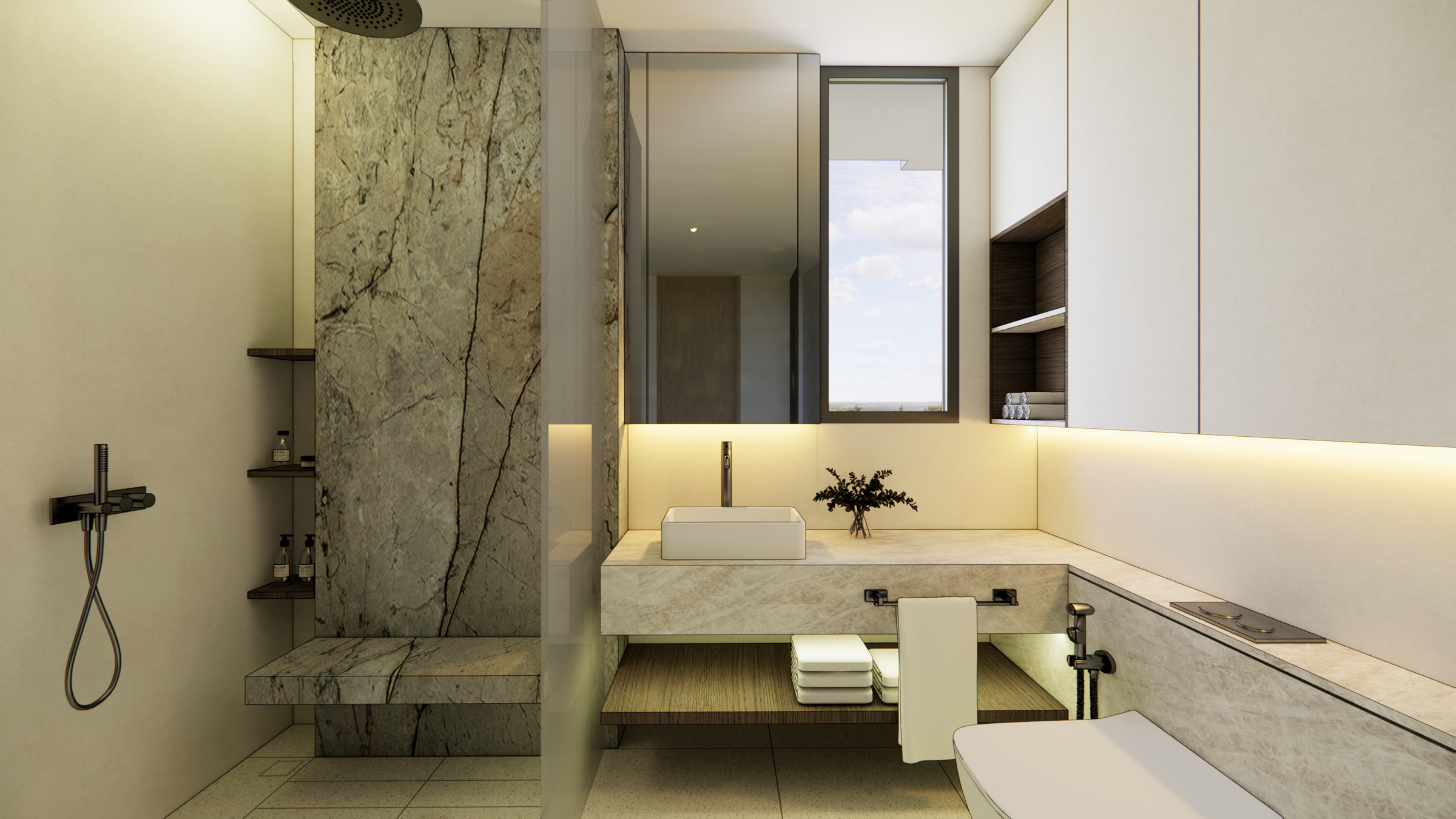 Walk-in wardrobe with open display shelving in a private bedroom