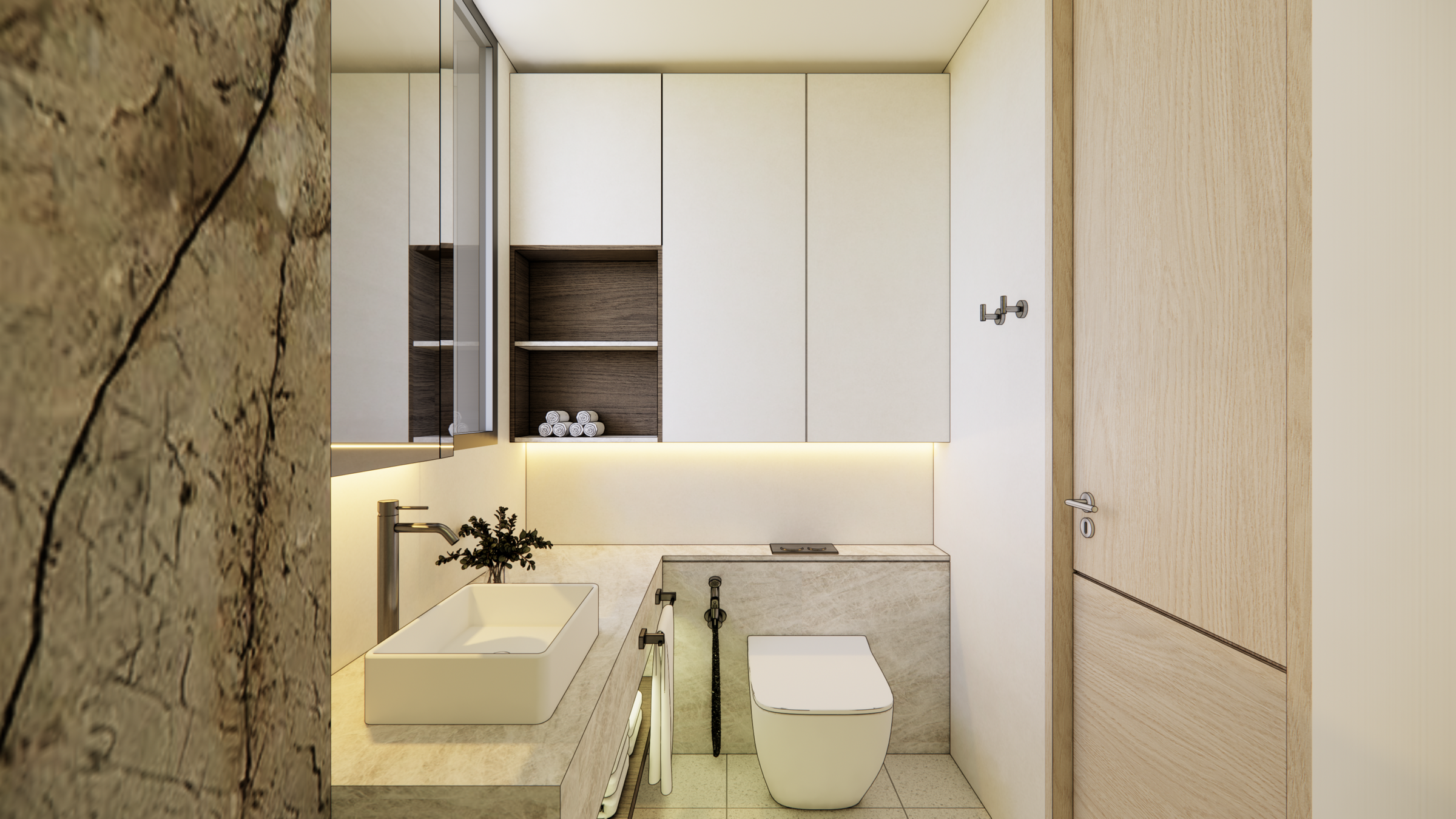 Quiet corner of the apartment where stone, veneer and daylight meet