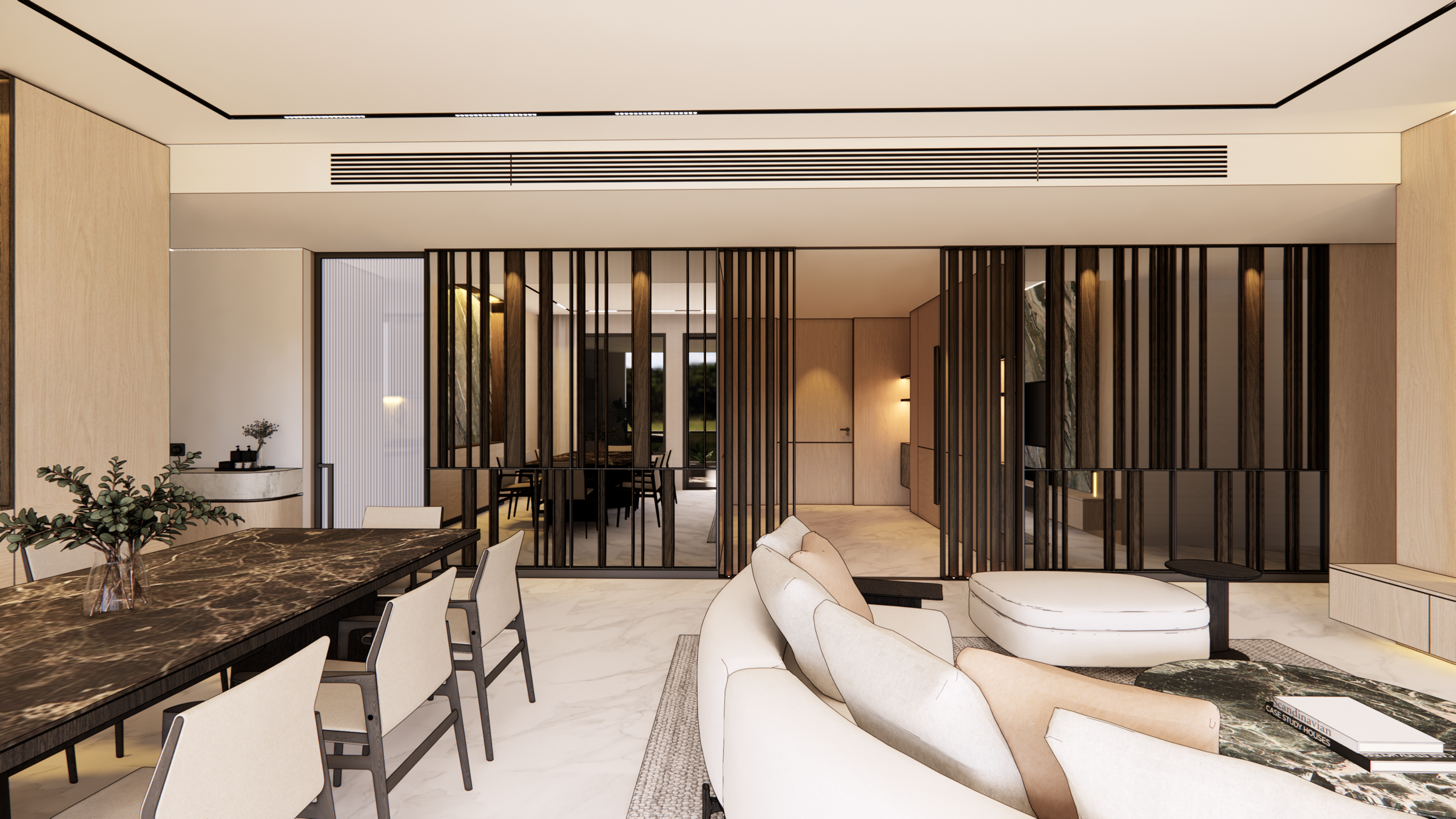 Entertainment lounge with bespoke display shelving in dark timber