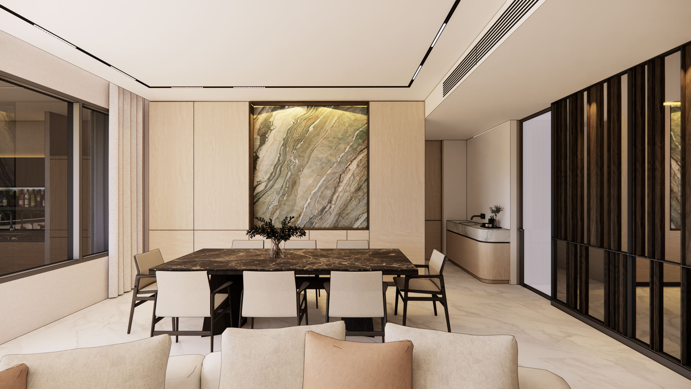 Living room with a Dedalus marble feature wall and black travertine dining table