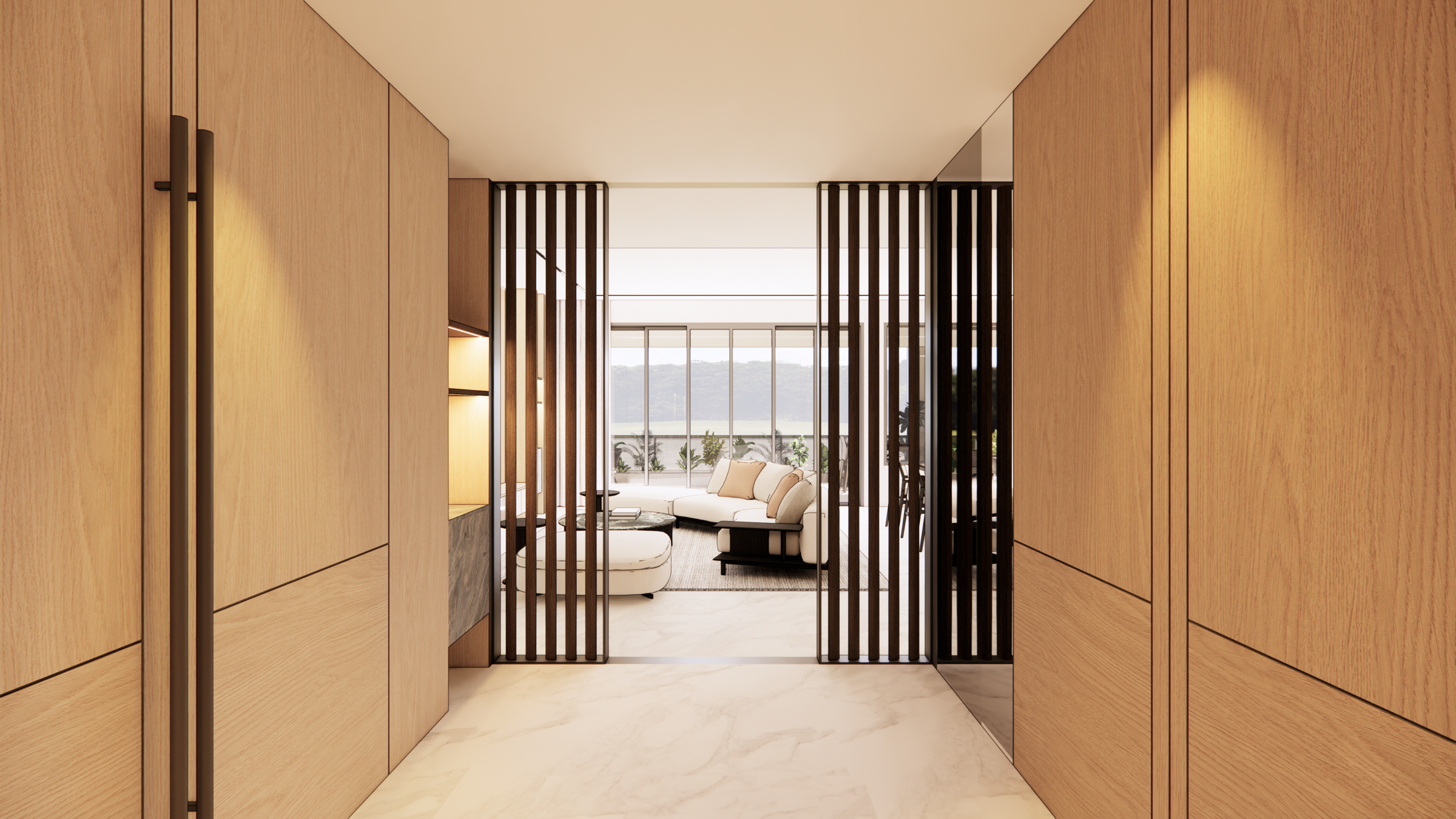 Custom veneer-and-mirror screen filtering light between the foyer and living room