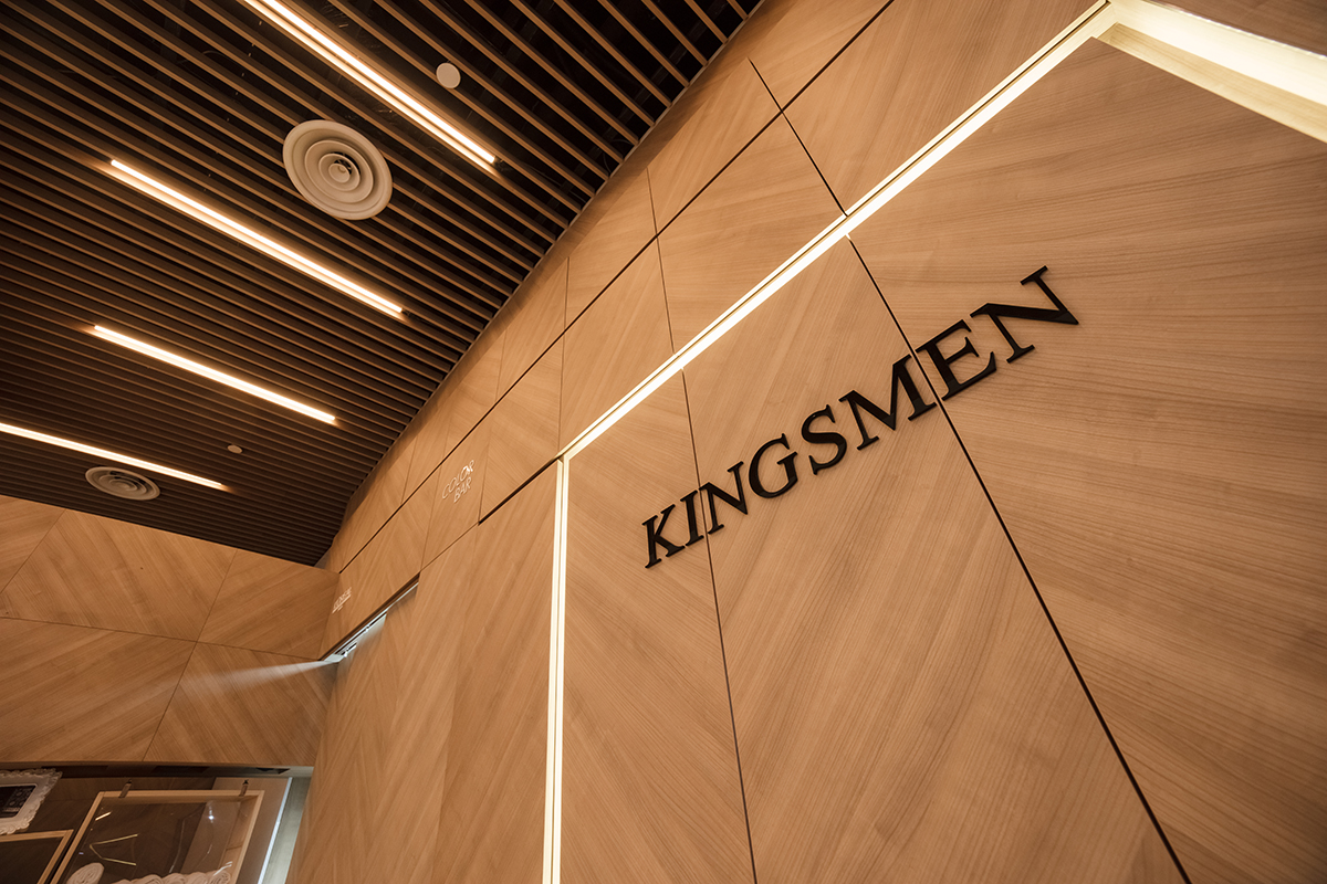Kingsmen barber interior with the sculptural central feature and grooming chairs