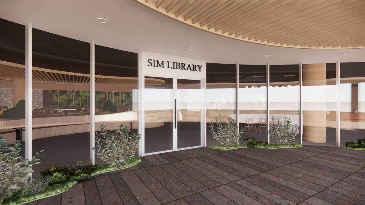Concept render of the library opening onto a landscaped garden