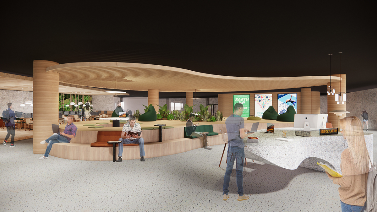 Render of the library social terraces near the entrance