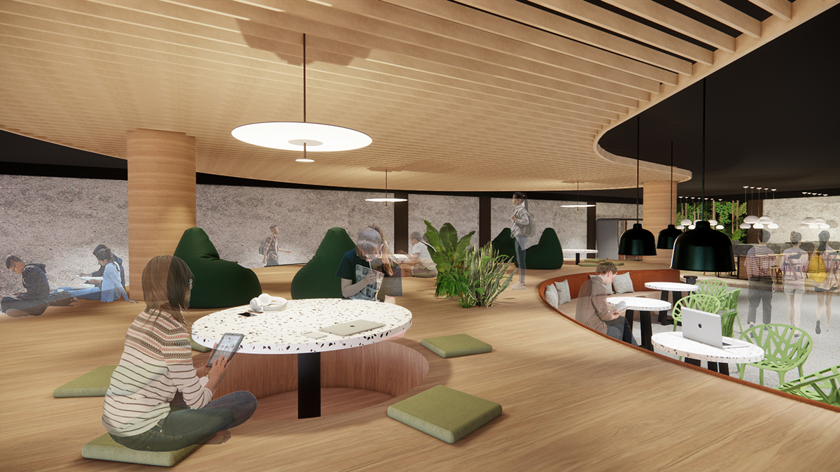 Render of the library interior connecting to greenery