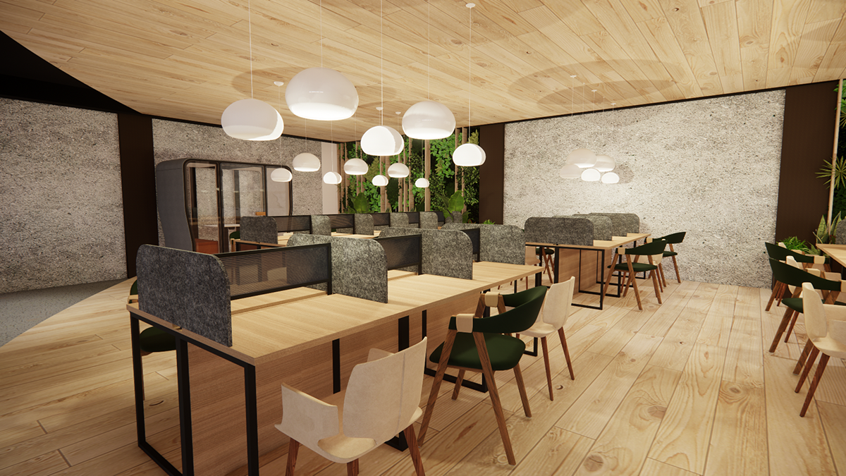 Render of a mid-zone reading area in the library