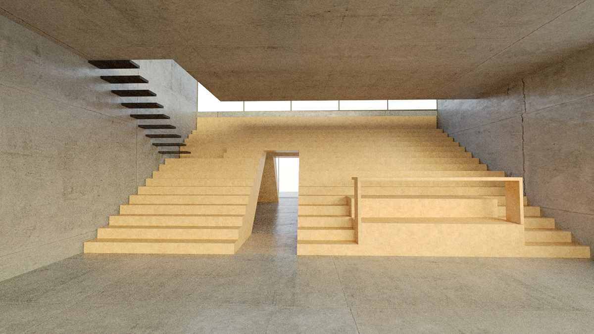 Model interior showing a stepped reading and seating landscape under a tall concrete volume