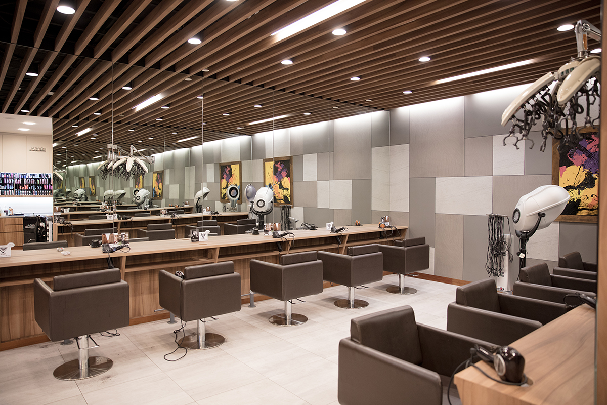Detail of timber joinery and concrete tile inside the Pro Trim salon