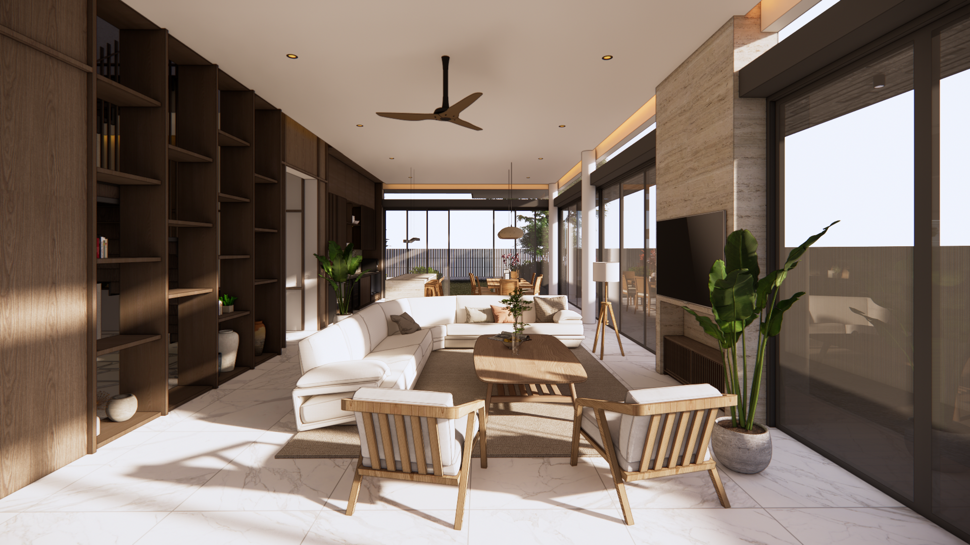 Interior view showing daylight falling through a skylight above the family area