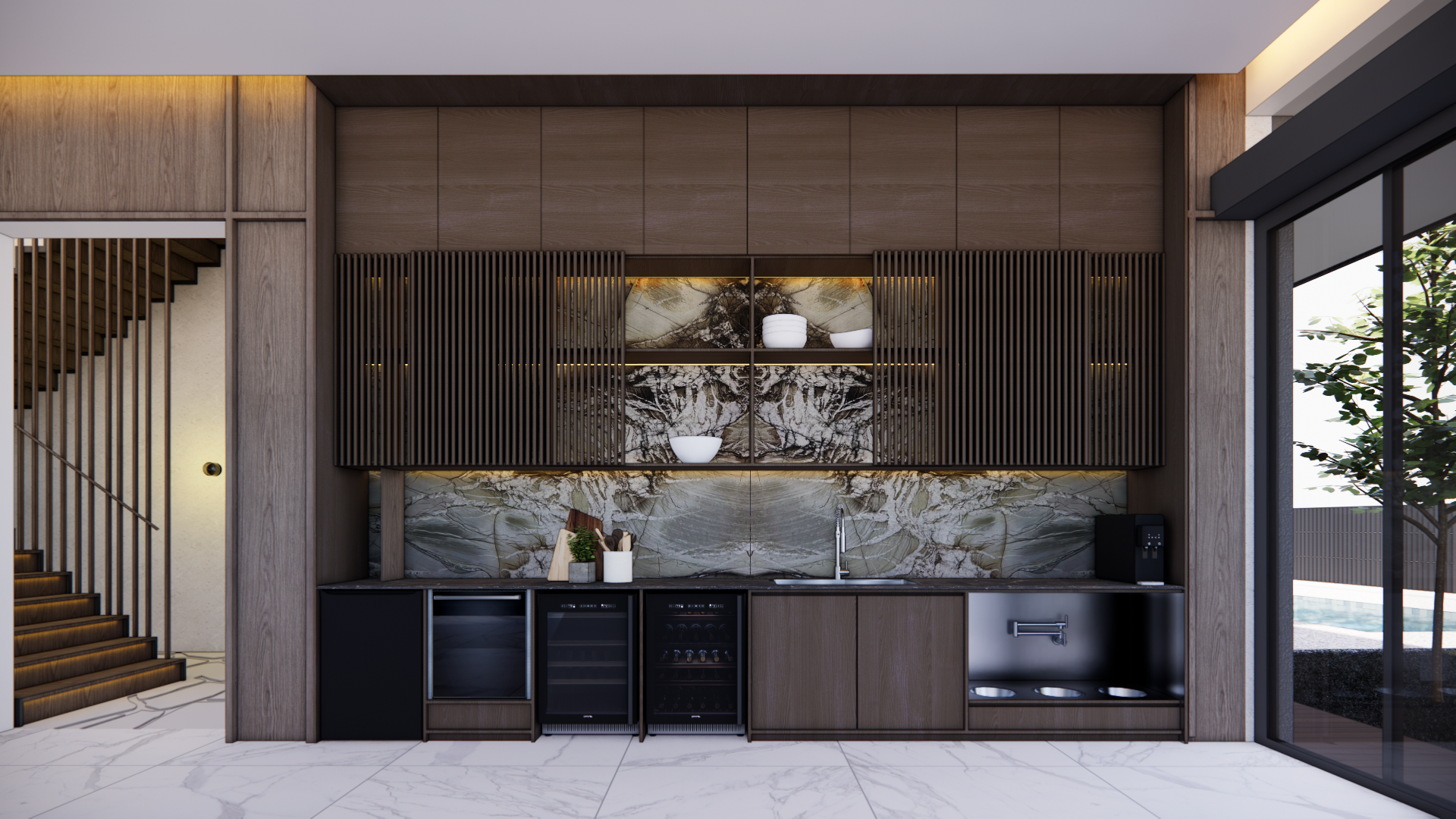 Folded steel staircase framed by a fine aluminium screen rising through the home