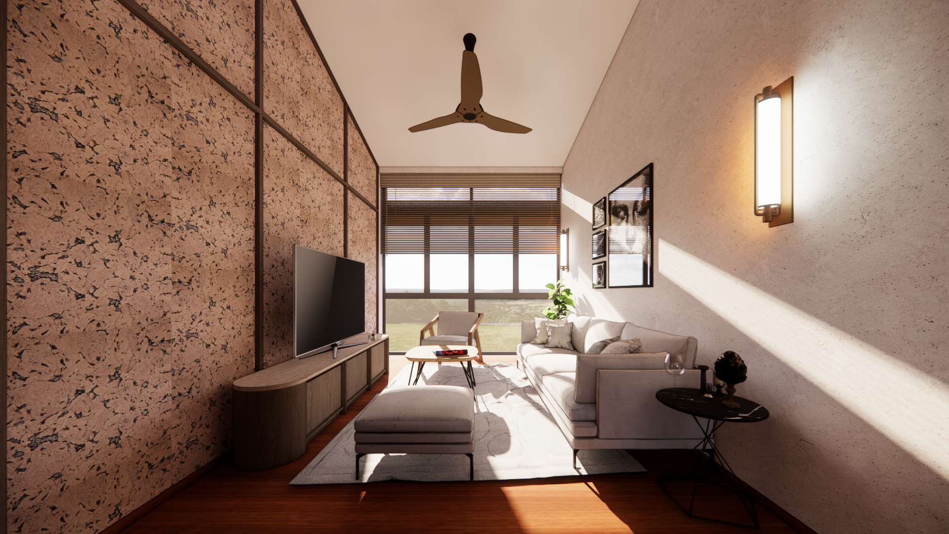 Living room with a textured feature wall, tall pitched ceiling and a soft neutral seating arrangement