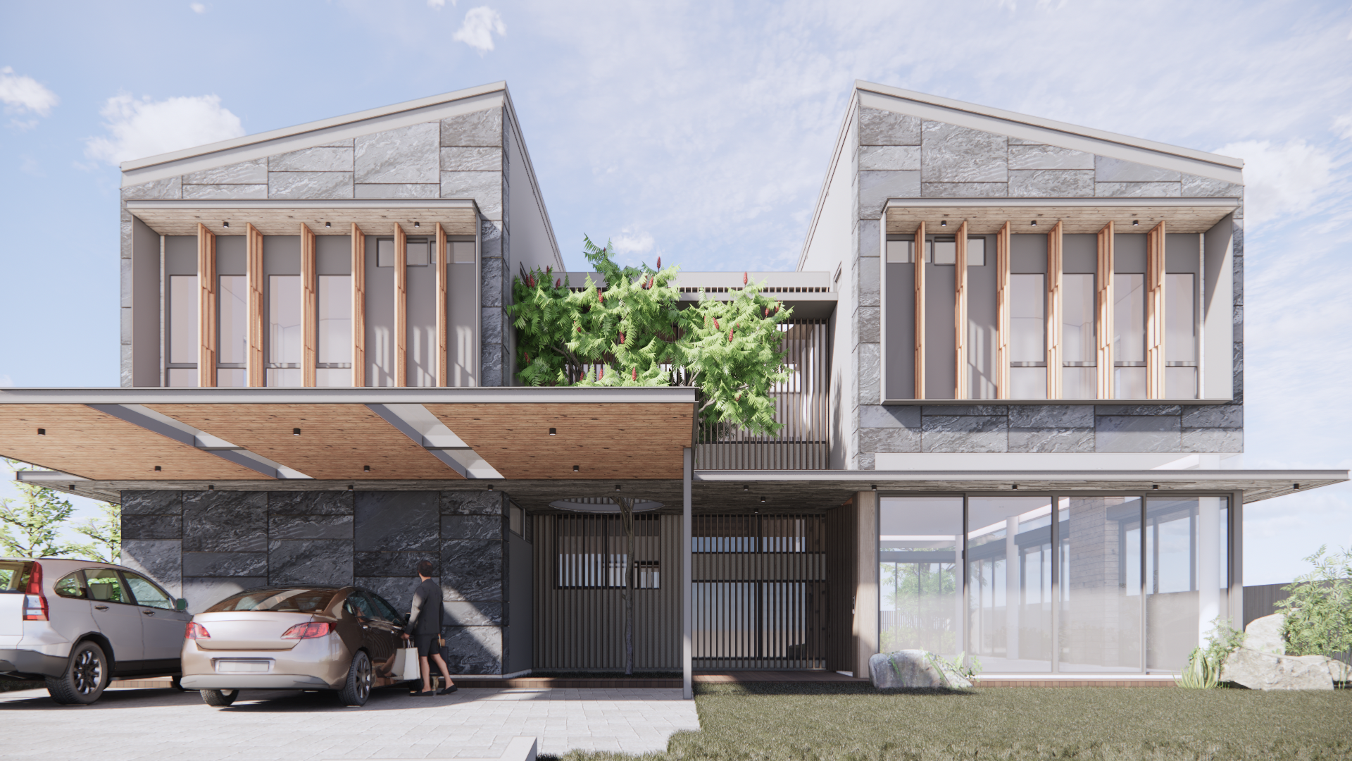Detail of a timber-screened balcony cantilevered over the lower glazed storey