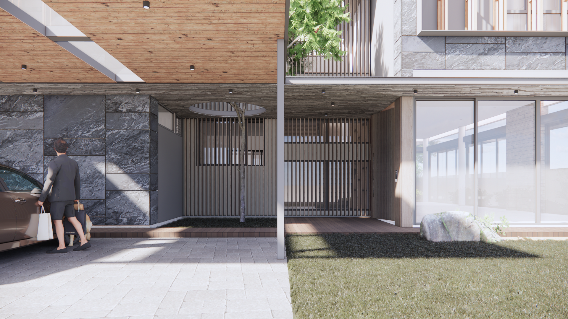 Detail of the house facade with stone cladding meeting timber screening