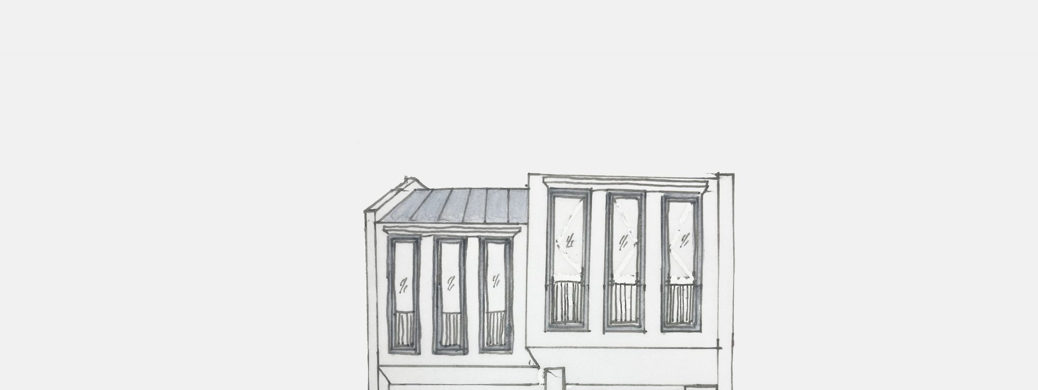 Hand-drawn conceptual elevation study of the terrace house, showing tall slot windows and a pitched roof volume