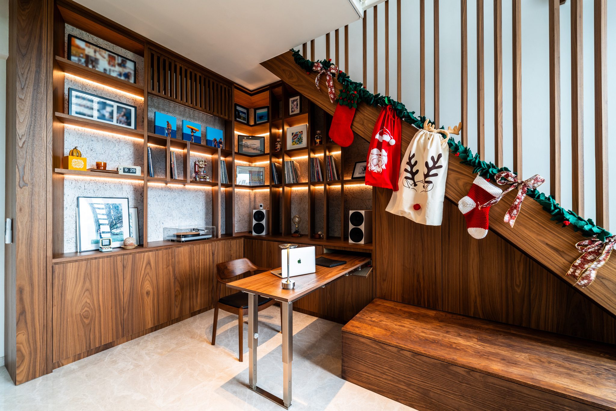Walnut joinery and stair detail in the renovated apartment