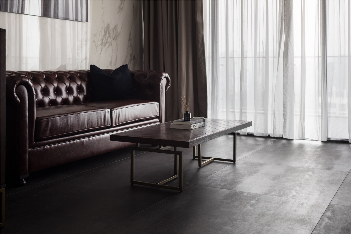 Study area of The Trizon apartment with dark timber joinery