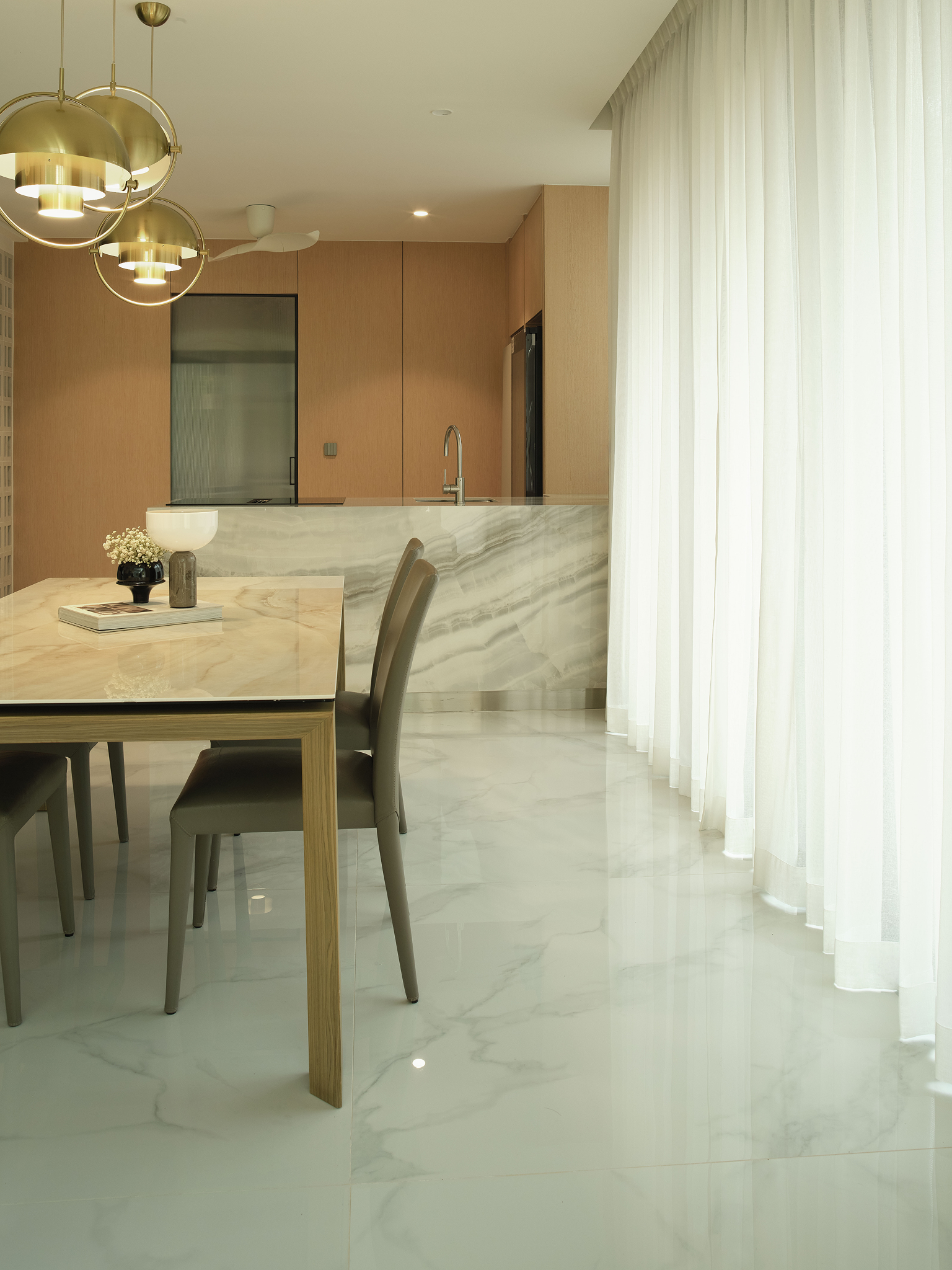 Tall interior view of the renovated double-volume living room
