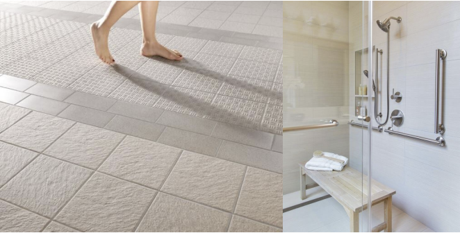 Non-slip flooring and integrated grab bars in a bathroom designed for aging-in-place