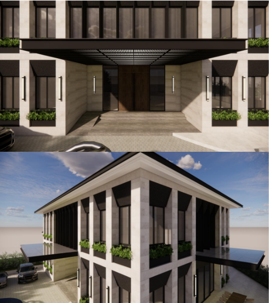 Reimagined Good Class Bungalow entrance with cantilevered canopies and a refined drop-off